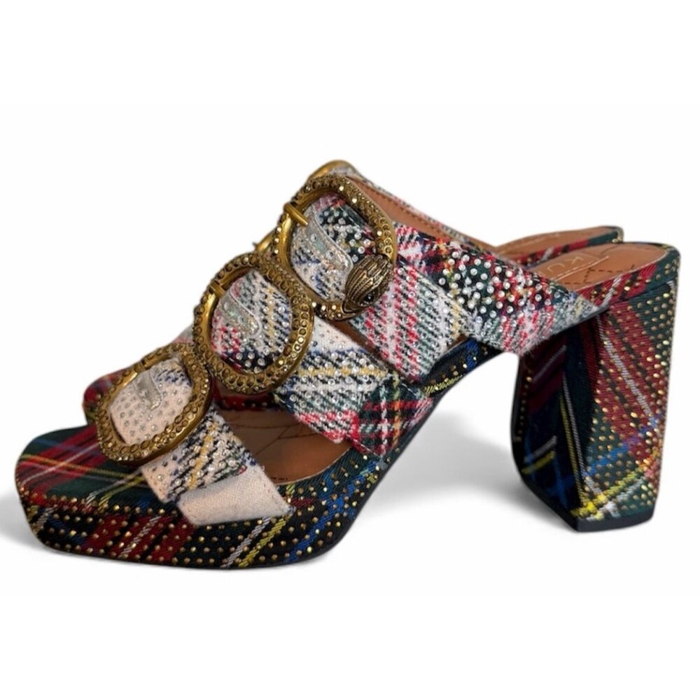 Kurt Geiger London MAYFAIR PLATFORM MULE HEEL Size 36 US 6 Plaid Rhinestone READ